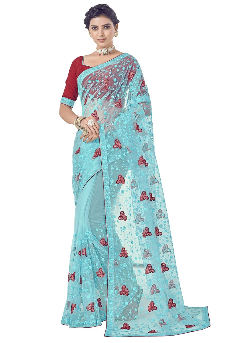 Glory Sarees Women's Net Saree with Embroidery Work (Luxury130_Firozi) - Image 2