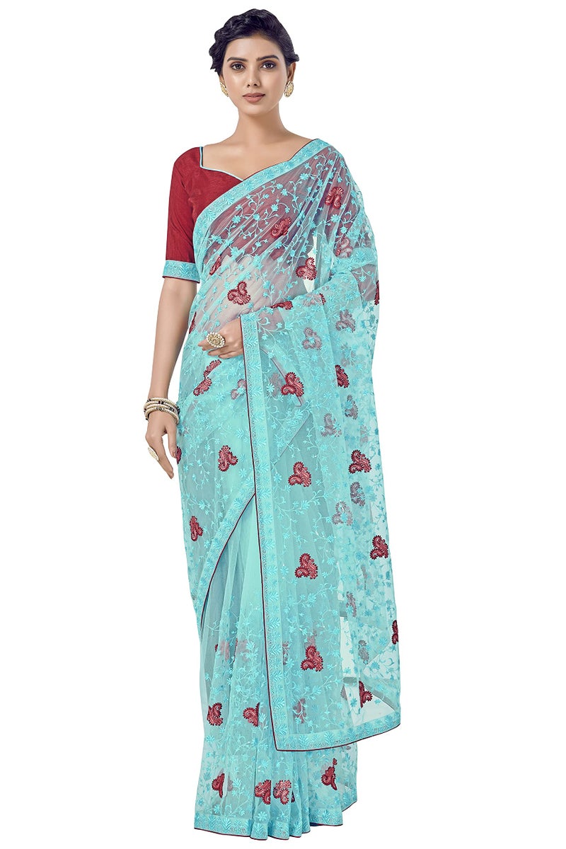 Glory Sarees Women's Net Saree with Embroidery Work (Luxury130_Firozi) - Image 1
