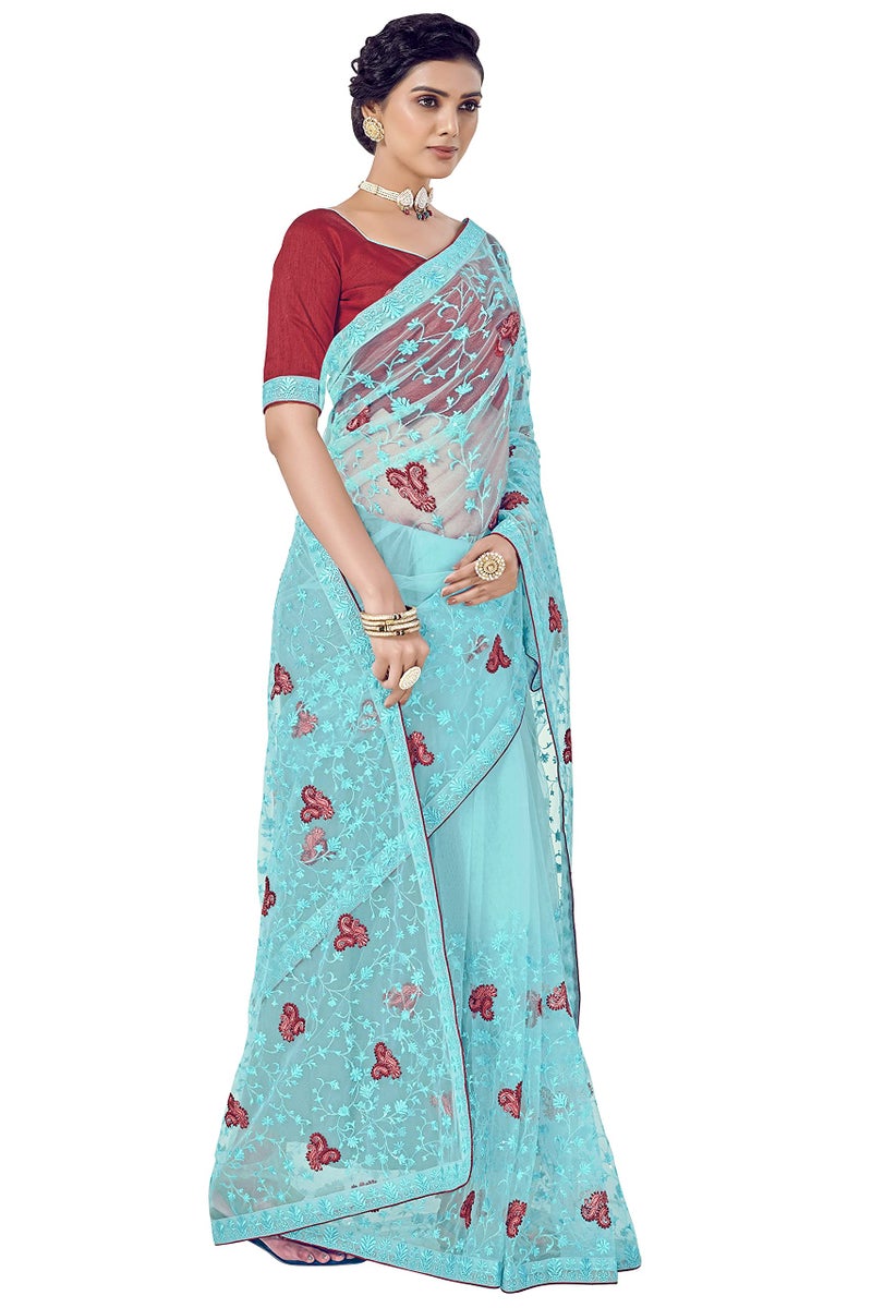Glory Sarees Women's Net Saree with Embroidery Work (Luxury130_Firozi) - Image 5
