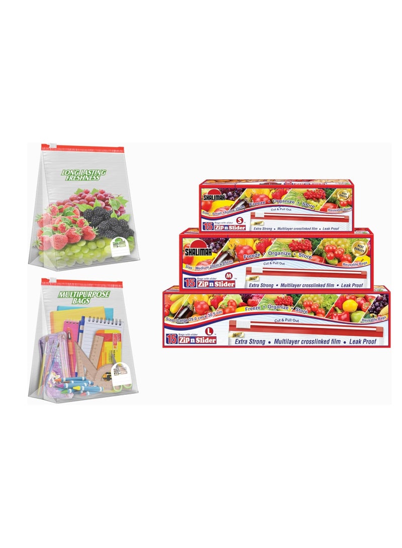 shalimar Shalimar Zip and Slider Bag Combo Pack - Reusable and Reclosable 45 Bags Small Medium and Large - Zip Lock Vegetable Fridge MultiPurpose Storage Bags with Slider Lock  - Image 1