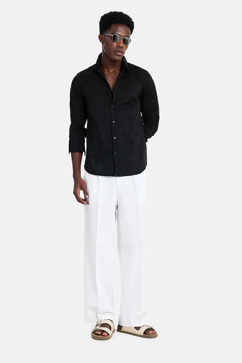 SNITCH Black Textured Long Sleeve Slim Fit Casual Shirt