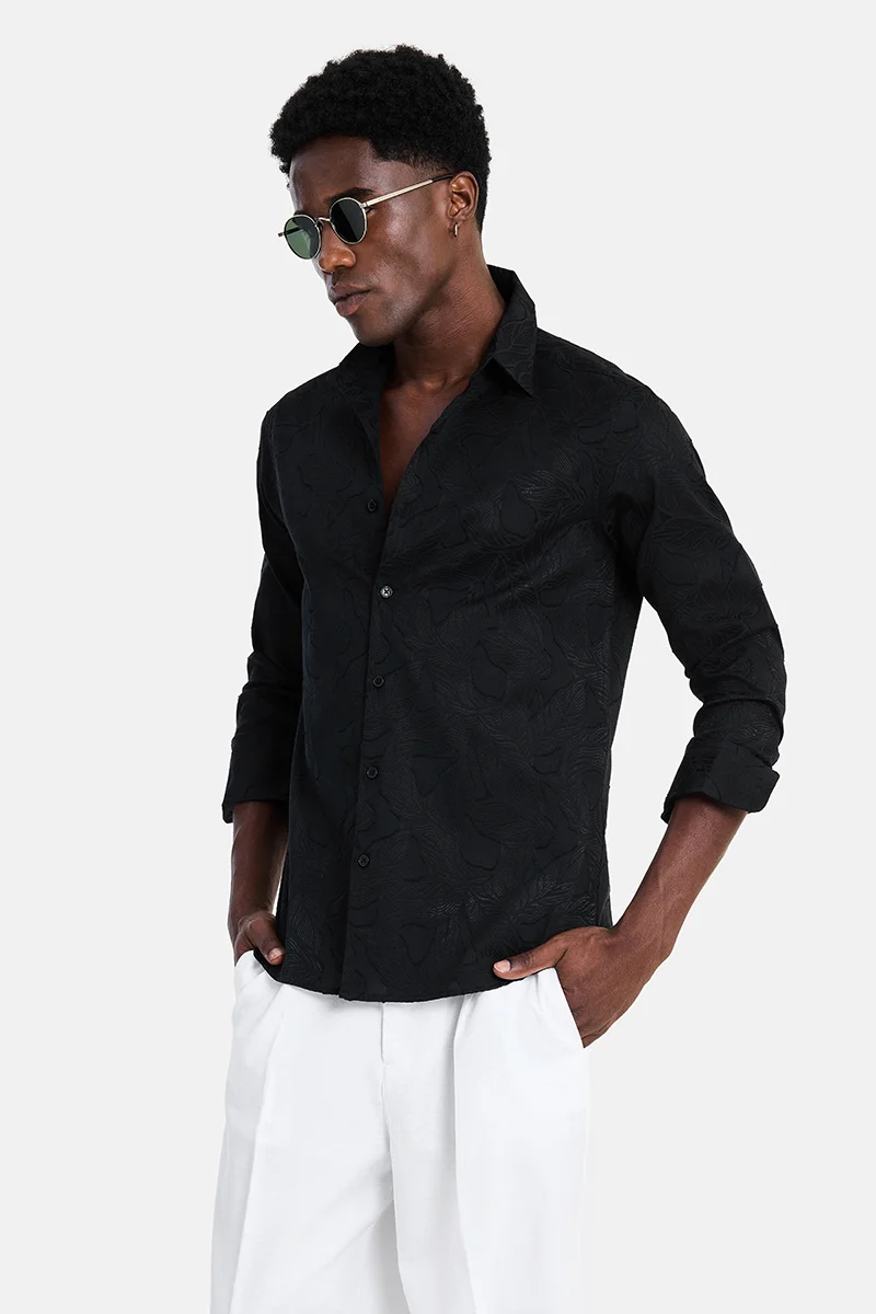 SNITCH Black Textured Long Sleeve Slim Fit Casual Shirt