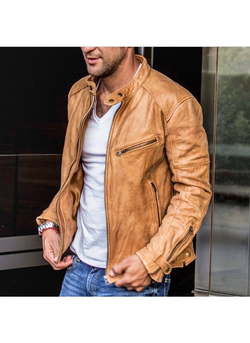 Generic - Mens PU Leather Biker Jacket Punk Collar Coat Light brown - Image 1