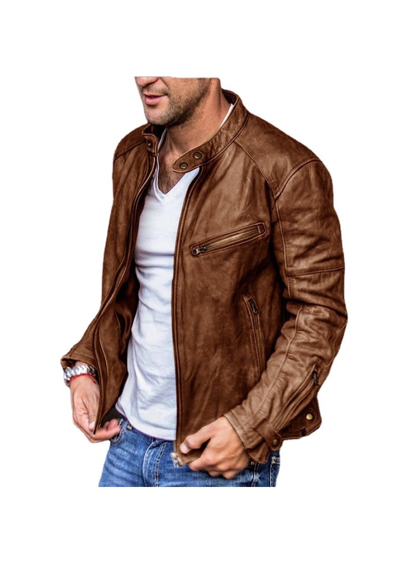 Generic - Mens PU Leather Biker Jacket Punk Collar Coat Light brown - Image 1