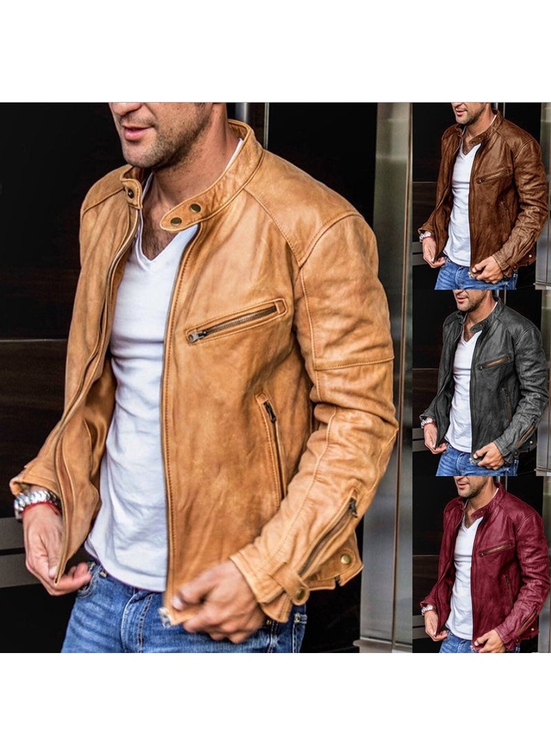 Generic - Mens PU Leather Biker Jacket Punk Collar Coat Light brown - Image 1