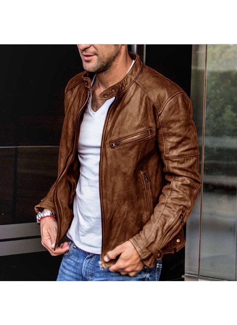Generic - Mens PU Leather Biker Jacket Punk Collar Coat Light brown - Image 1