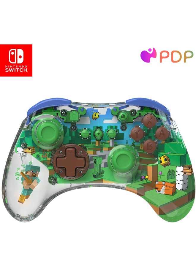 pdp REALMz Wireless Nintendo Switch Pro Controller, Customizable LED, 40 Hour Rechargeable Battery Power,Officially Licensed by Nintendo: Minecraft Steve -Forest Biome