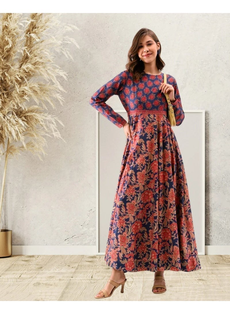 Women's Rosette Floral Pure Cotton Long Dress with Back Zip and Full Flare - Image 4