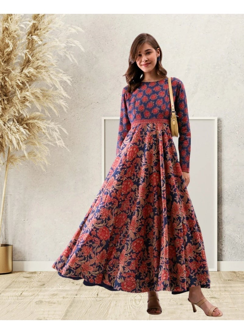 Women's Rosette Floral Pure Cotton Long Dress with Back Zip and Full Flare - Image 1