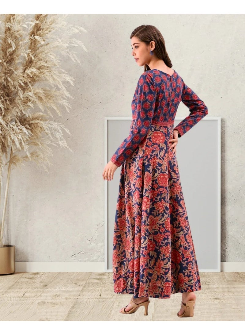 Women's Rosette Floral Pure Cotton Long Dress with Back Zip and Full Flare - Image 3