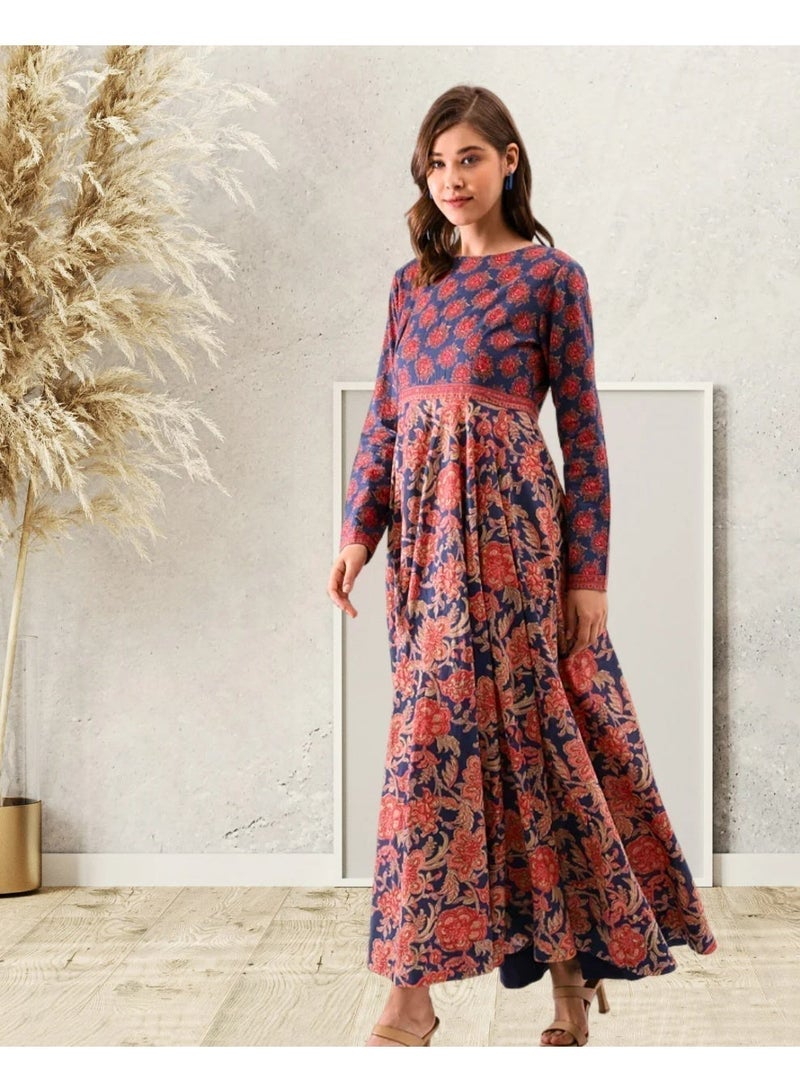 Women's Rosette Floral Pure Cotton Long Dress with Back Zip and Full Flare - Image 2