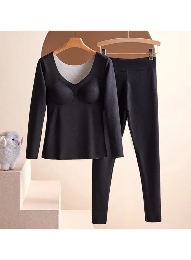 GGEROU ملابس داخلية حرارية نسائية شتوية بأكمام طويلة قميص سفلي بدون seams سميك بطبقتين دافئ طقم بيجامة نسائية 2 قطعة باللون الأسود - Image 1