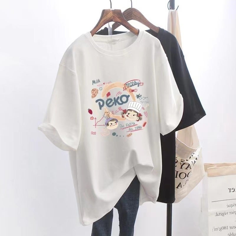 White Cartoon Short-sleeved T-shirt Women's Summer Half-sleeved 2023 New Loose All-match Student Mid-length T-shirt Top - Image 4