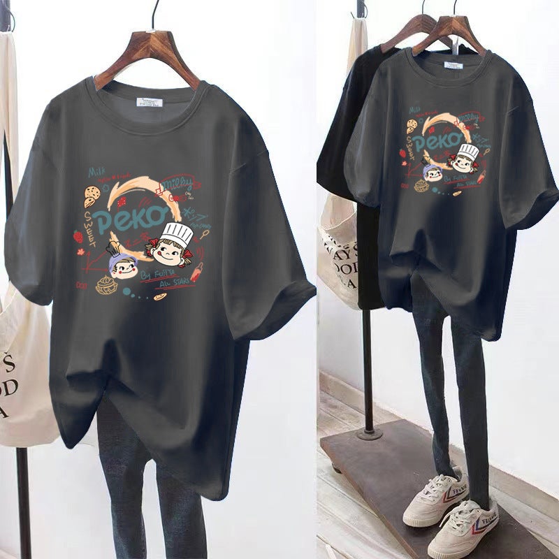 White Cartoon Short-sleeved T-shirt Women's Summer Half-sleeved 2023 New Loose All-match Student Mid-length T-shirt Top - Image 1