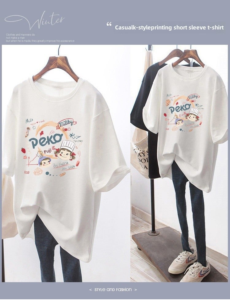 White Cartoon Short-sleeved T-shirt Women's Summer Half-sleeved 2023 New Loose All-match Student Mid-length T-shirt Top - Image 2