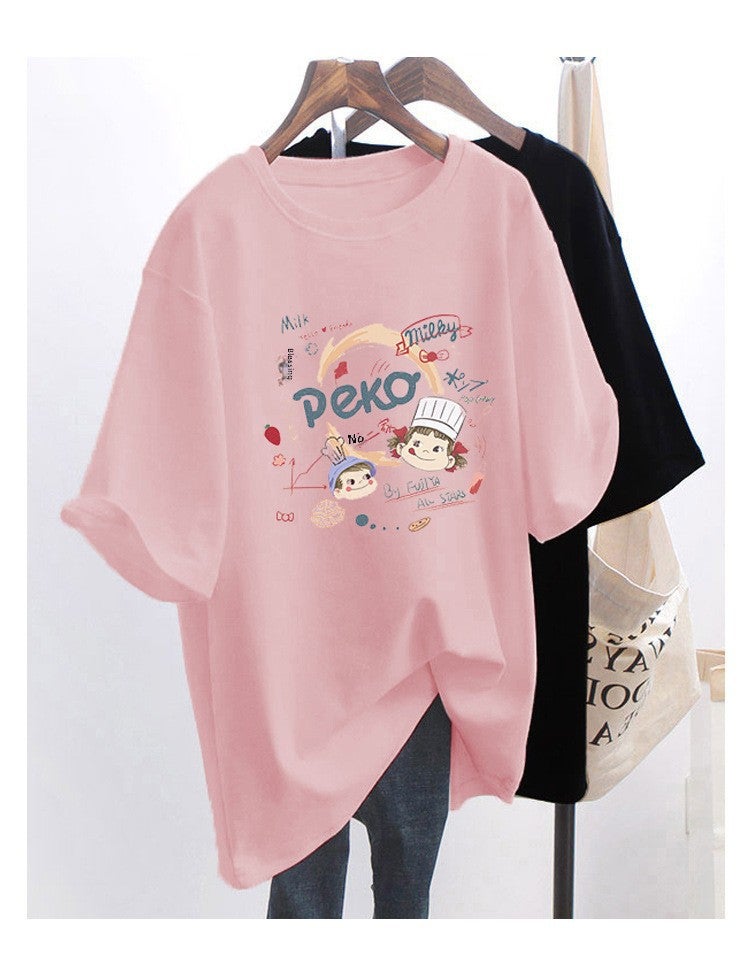 White Cartoon Short-sleeved T-shirt Women's Summer Half-sleeved 2023 New Loose All-match Student Mid-length T-shirt Top - Image 5
