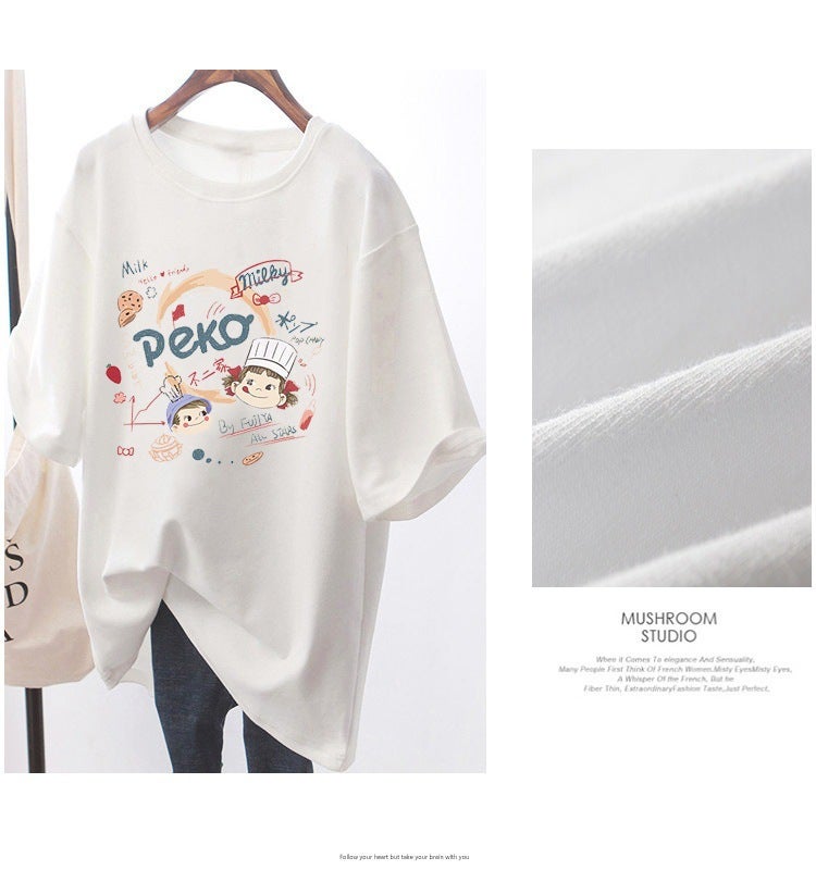 White Cartoon Short-sleeved T-shirt Women's Summer Half-sleeved 2023 New Loose All-match Student Mid-length T-shirt Top - Image 3