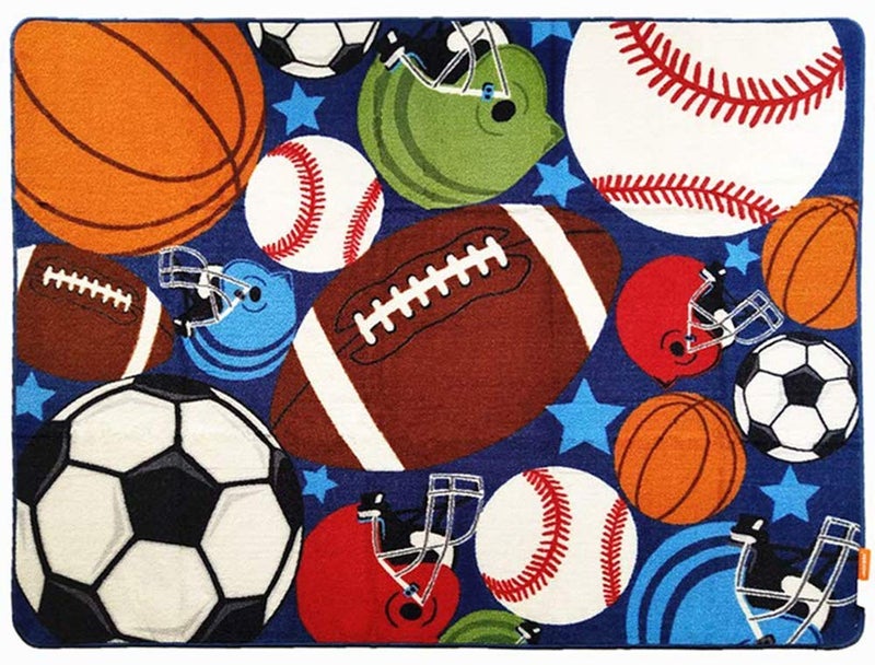 Blue Kids Rug Fun Sport Rugs Nylon Carpet Boys Girls Childrens Rug Balls Print with Soccer Ball Basketball Football Tennis Ball Bedroom Playroom 315 x 47