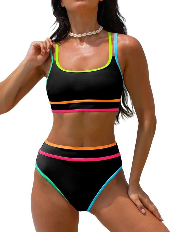 popvil Women's High Waisted Bikini Sets Neon Two Piece Swimsuit Sporty Adjustable Straps Bathing Suit, Black1, XL - Image 1