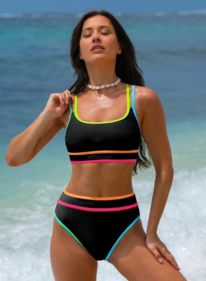 popvil Women's High Waisted Bikini Sets Neon Two Piece Swimsuit Sporty Adjustable Straps Bathing Suit, Black1, XL - Image 3