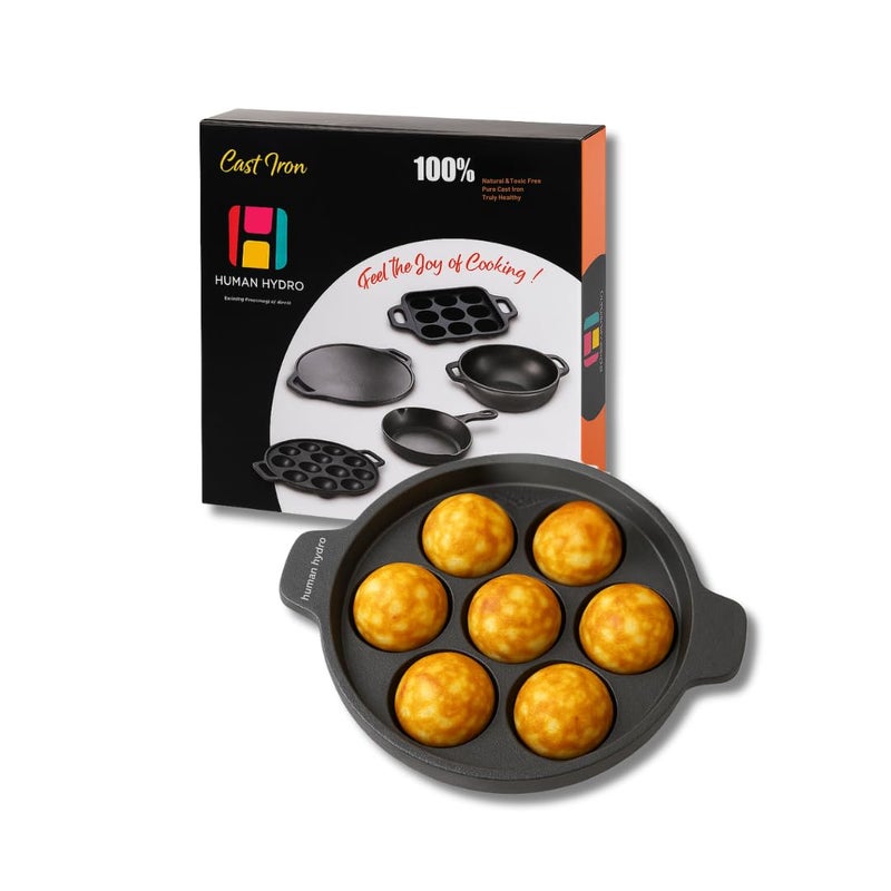 Human Hydro مقلاة بانيارام من الحديد الزهر مسبقة التتبيل (7 فتحات) | غير لاصقة بشكل طبيعي، متوافقة مع الحث والغاز | أواني طهي ثقيلة لتحضير بادو، أبام، كوزي بانيارام والمزيد - Image 1