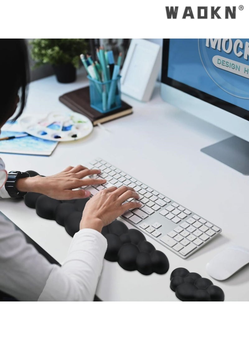 WAOKN Keyboard Cloud Wrist Rest Set, PU Memory Foam Non-Slip Cloud Wrist Rest, Soft and Elastic, Ergonomic Keyboard Mouse Wrist Support for Typing Pain Relief, Home Office, Laptop and Computer Use (Black) - Image 2