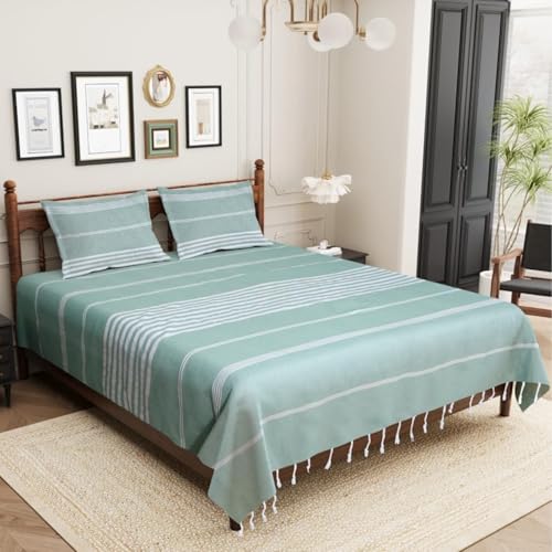Värde Bedsheet King Size Cotton with 2 Pillow Covers | 210 TC Bedsheet | Flat Sheets | Handloom Bedsheets | Double Bedsheet for Summer | Size 90 X 100 Inches, 7.5 X 8.3 Feet (Parrot Green, King) - Image 3