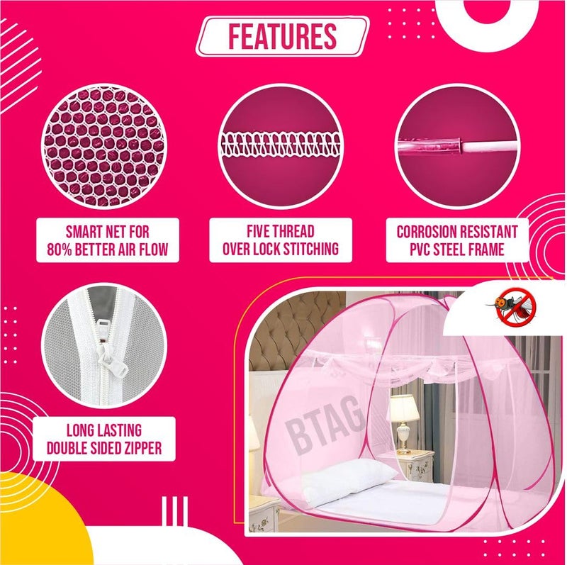 BTAG Mosquito Net for Single Bed, 6 Feet x 4 Feet | Premium Machardani, Tent-Style Foldable Design, Strong & Durable, Corrosion Resistant Insect Protection for Home Use. (6x4_Pink) - Image 3