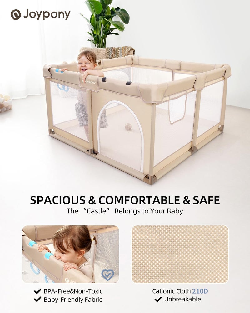 Joypony Baby Playpen, 50x50 in Small Play Pen for Babies and Toddlers, Playpen for Kids with Gate, Indoors Play Yard with Soft Breathable Mesh (Beige) - Image 2