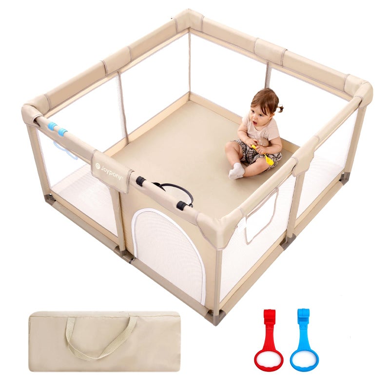 Joypony Baby Playpen, 50x50 in Small Play Pen for Babies and Toddlers, Playpen for Kids with Gate, Indoors Play Yard with Soft Breathable Mesh (Beige) - Image 1