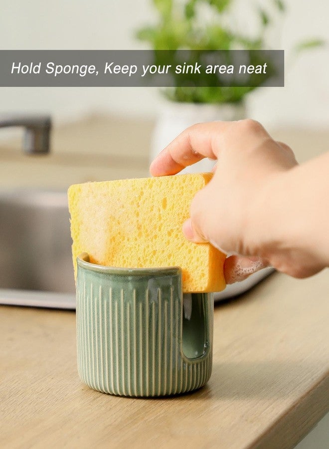 Seyatoo Ceramic Sponge Holder for Kitchen Sink, Scrub Sponge Dish Rack, Farmhouse Compact Sink Caddy Organizer, Glazed Green - Image 2