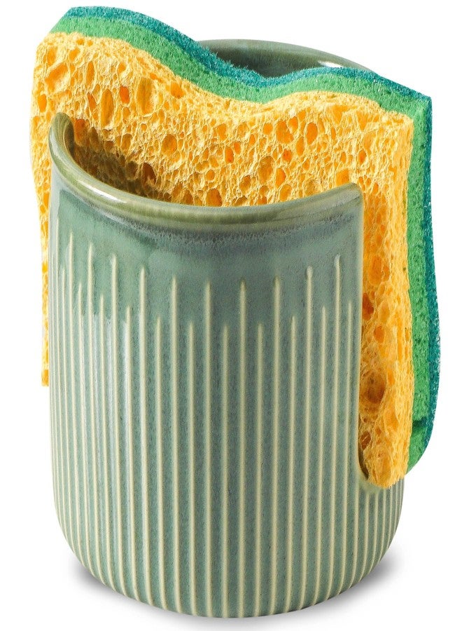 Seyatoo Ceramic Sponge Holder for Kitchen Sink, Scrub Sponge Dish Rack, Farmhouse Compact Sink Caddy Organizer, Glazed Green - Image 1