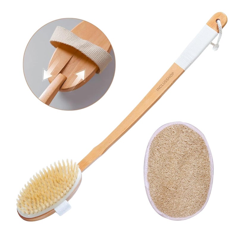 Detachable Wooden Bath Brush with Long Handle Natural Bristles for 2in1 Wet Dry Brushing Exfoliation Blood Flow Stimulation Body Scrubber for Smooth Skin Reducing All Skin Types Bath Brushloofah Pad