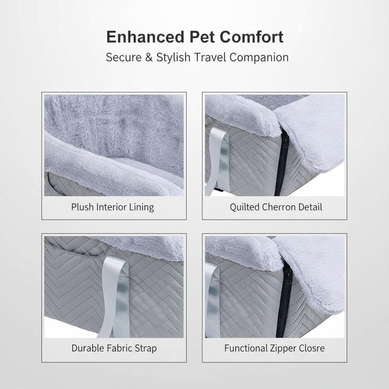 Gray Portable Car Seat for Small Dogs 11.8 X 19.7 X 9.1 in, Console Style with Soft Lining, Tilt Pad, Plush Edges, Handbag Straps, Car Safety Straps, Washable Mat - Image 4