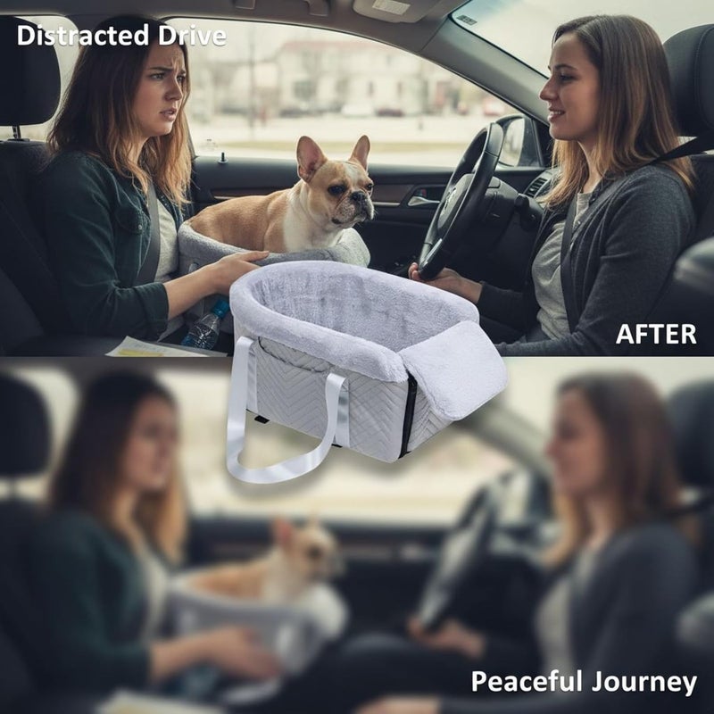 Gray Portable Car Seat for Small Dogs 11.8 X 19.7 X 9.1 in, Console Style with Soft Lining, Tilt Pad, Plush Edges, Handbag Straps, Car Safety Straps, Washable Mat - Image 3