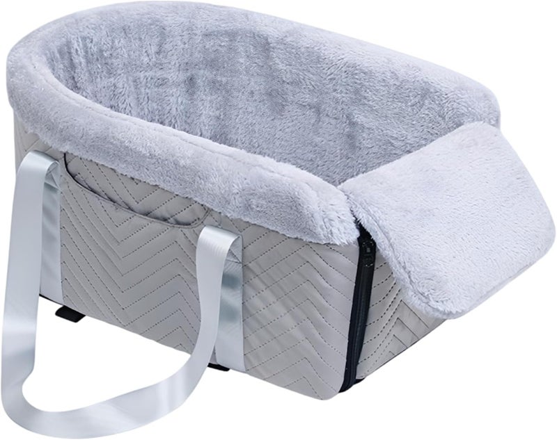Gray Portable Car Seat for Small Dogs 11.8 X 19.7 X 9.1 in, Console Style with Soft Lining, Tilt Pad, Plush Edges, Handbag Straps, Car Safety Straps, Washable Mat - Image 1