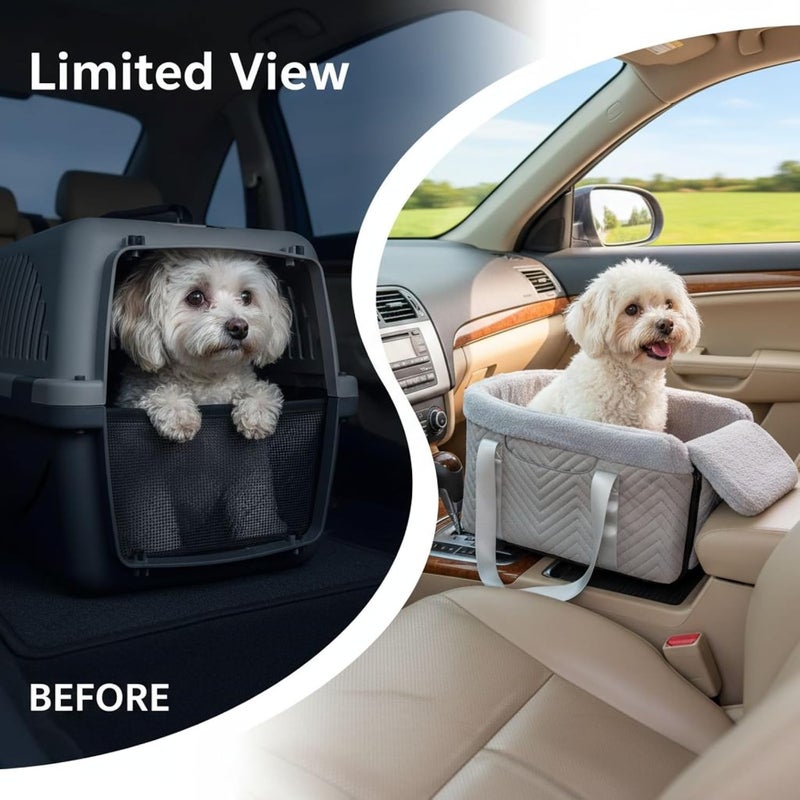 Gray Portable Car Seat for Small Dogs 11.8 X 19.7 X 9.1 in, Console Style with Soft Lining, Tilt Pad, Plush Edges, Handbag Straps, Car Safety Straps, Washable Mat - Image 2