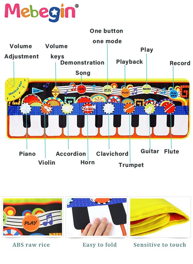110*36cm Musical Mat, Kids Piano Keyboard Play Mat with 8 Instrument Sounds, Multi-functional Early Learning Musical Toys, 3 AA Batteries Required(Not Included), Ideal Gift for Kids Aged 3+