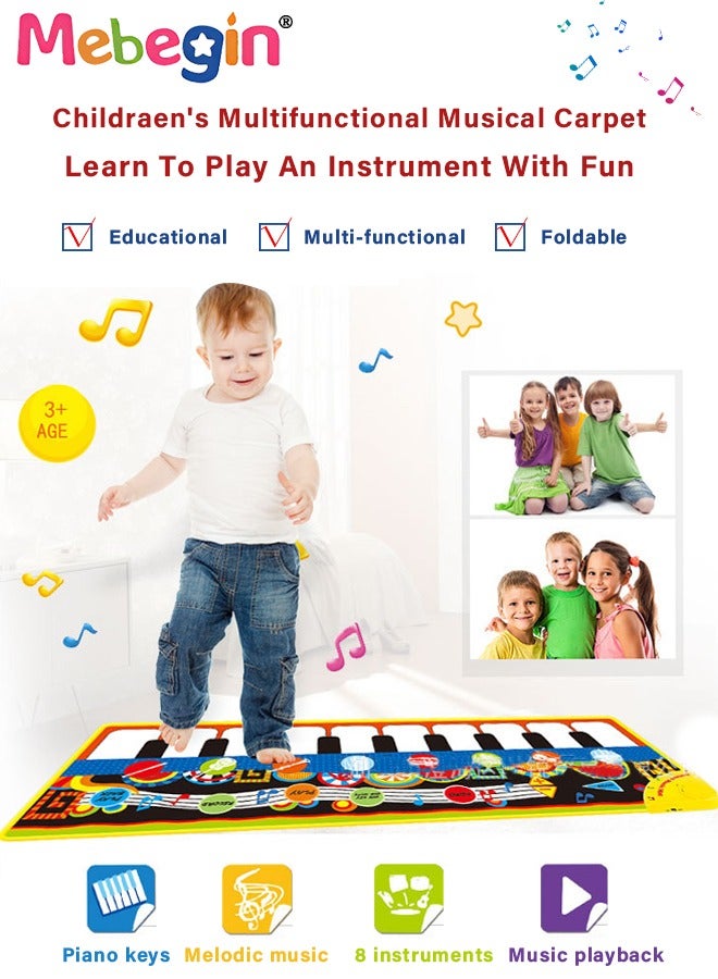 110*36cm Musical Mat, Kids Piano Keyboard Play Mat with 8 Instrument Sounds, Multi-functional Early Learning Musical Toys, 3 AA Batteries Required(Not Included), Ideal Gift for Kids Aged 3+