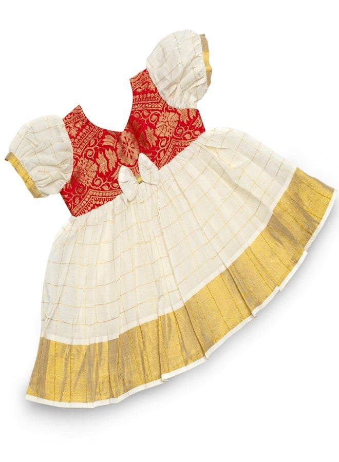 Picksparrow Baby Girl Dress/Traditional Kasavu Dress/Ethnicwear (Puff- Checks) (0-6 Months, Red Yoke) - Image 1