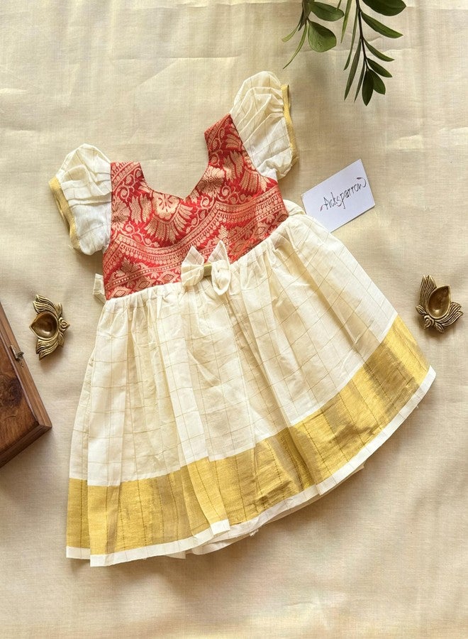 Picksparrow Baby Girl Dress/Traditional Kasavu Dress/Ethnicwear (Puff- Checks) (0-6 Months, Red Yoke) - Image 2