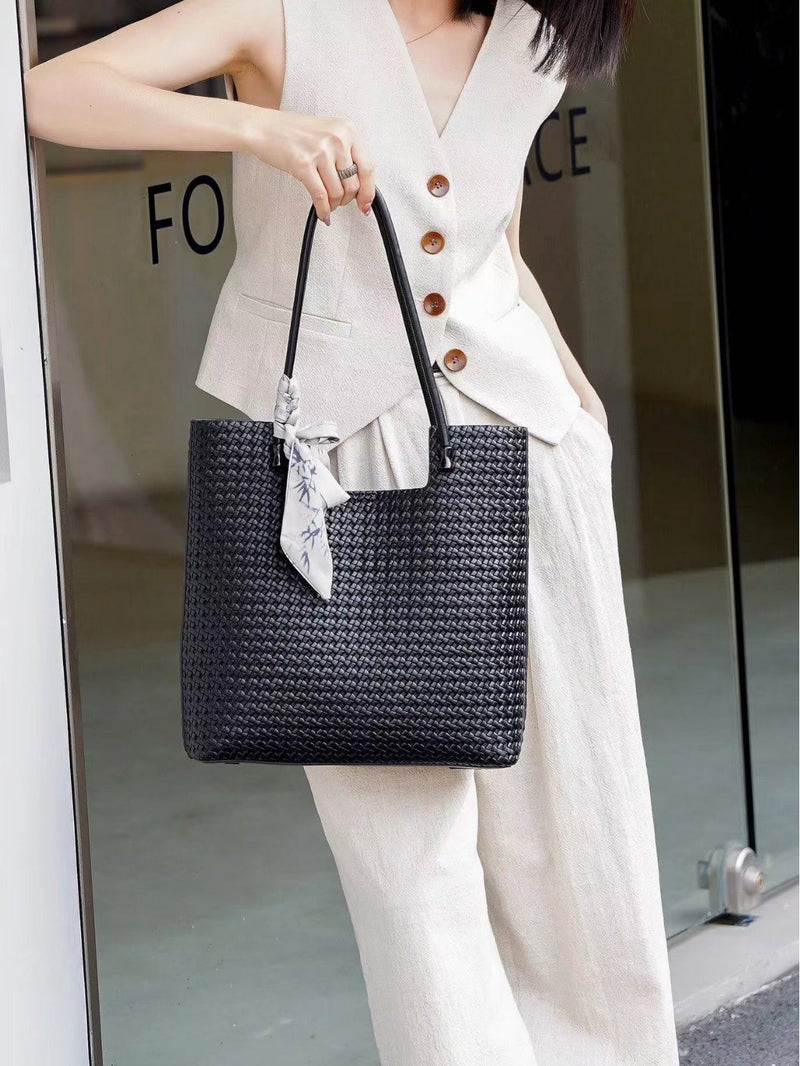 Advanced Sense Large Capacity Woven Bucket Bag Casual Lazy Style Tote Bag Single Number Underarm Bag Commuter Shoulder Bag - Image 4