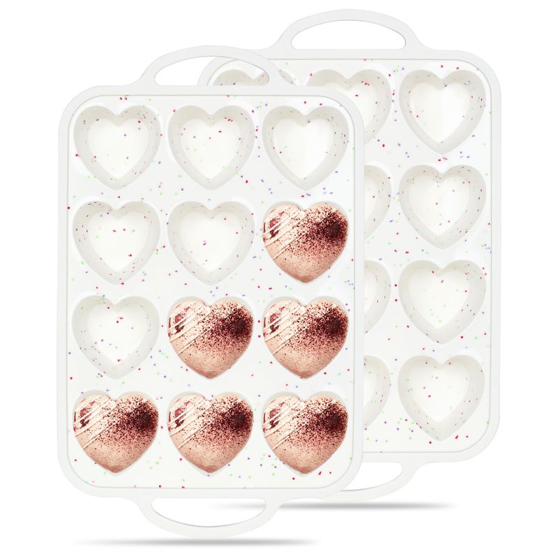 AOTASO 2 Pcs Heart Shaped Muffin Pan with Metal Reinforced Frame 12 Cup Nonstick Silicone Heart Cake Mold for Baking 2.5 Inch Cupcake Tray (Cream) - Image 1