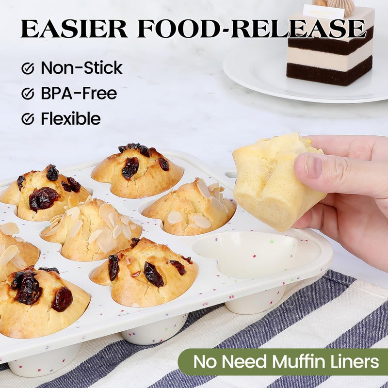 AOTASO 2 Pcs Heart Shaped Muffin Pan with Metal Reinforced Frame 12 Cup Nonstick Silicone Heart Cake Mold for Baking 2.5 Inch Cupcake Tray (Cream) - Image 3