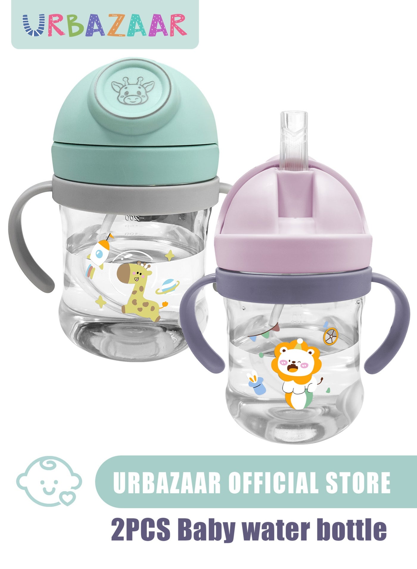2-Pcs Baby Sippy Cups For 6 Months +, 345ml Baby Cup with Weighted Straw and Easy Grip Handles, Kids Water Bottle with Simple Flip Lid, 360 Degree Spill Proof Toddler Cup