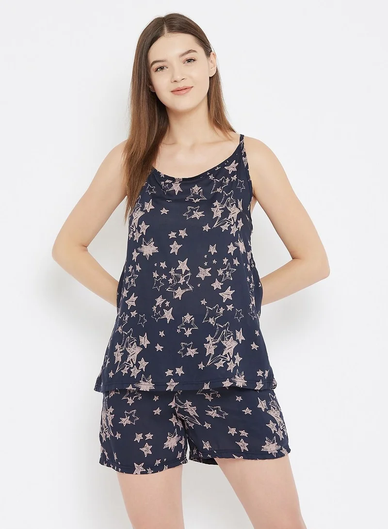 كلوفيا Clovia Star Print Cami Top and Shorts in Navy - Rayon