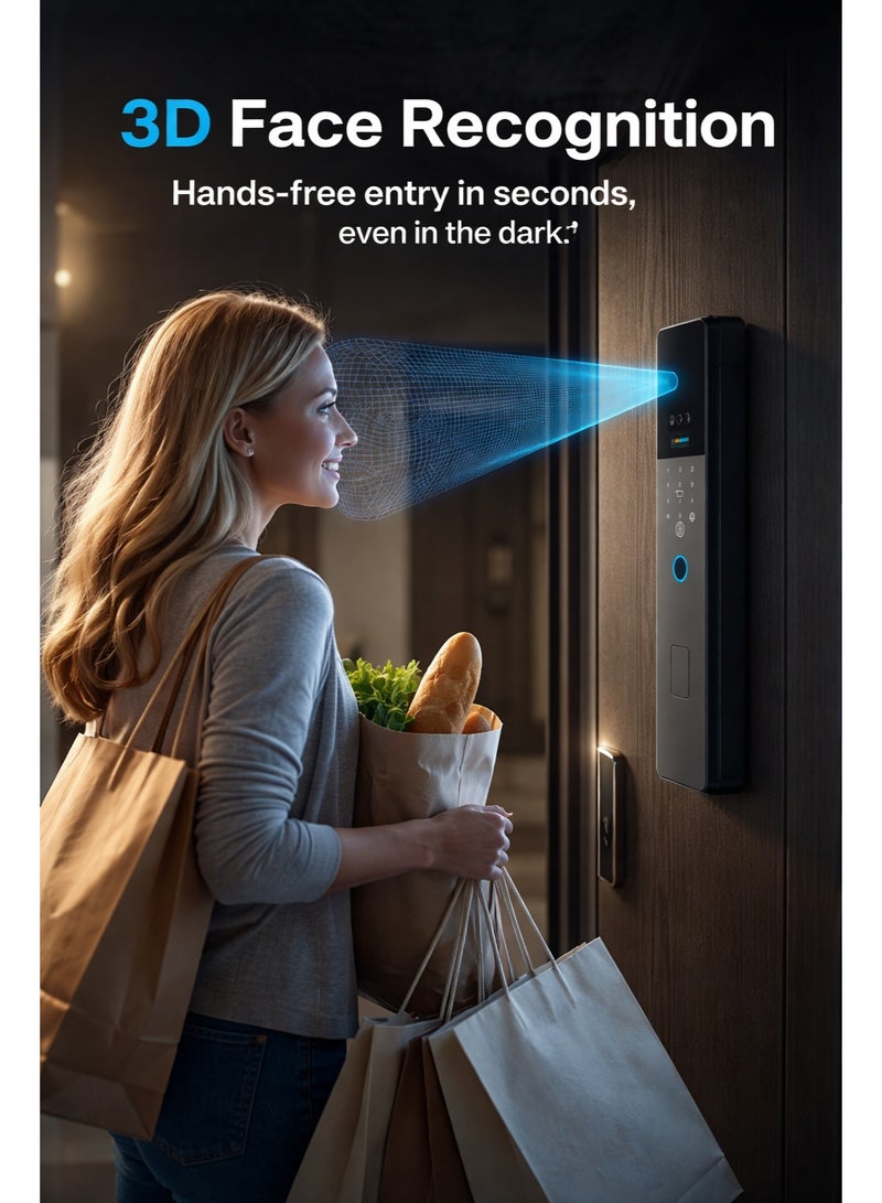 SageLiving Tuya Smart WiFi Door Lock with 3D Face ID & Camera, 4.5" Screen, CNC Aluminum Body, 8-in-1 Keyless Entry, FPC Fingerprint & Video Intercom, Home Security Digital Lock, Gray - Image 2
