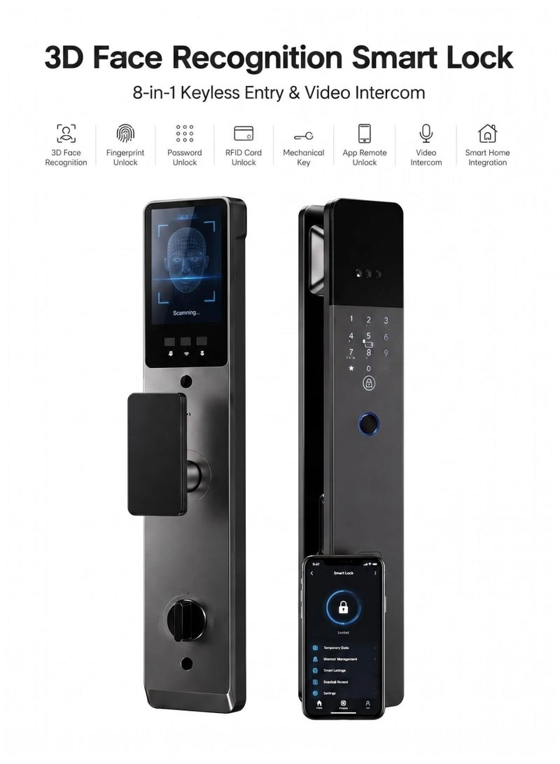 SageLiving Tuya Smart WiFi Door Lock with 3D Face ID & Camera, 4.5" Screen, CNC Aluminum Body, 8-in-1 Keyless Entry, FPC Fingerprint & Video Intercom, Home Security Digital Lock, Gray - Image 1