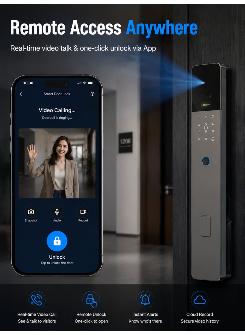 SageLiving Tuya Smart WiFi Door Lock with 3D Face ID & Camera, 4.5" Screen, CNC Aluminum Body, 8-in-1 Keyless Entry, FPC Fingerprint & Video Intercom, Home Security Digital Lock, Gray - Image 4