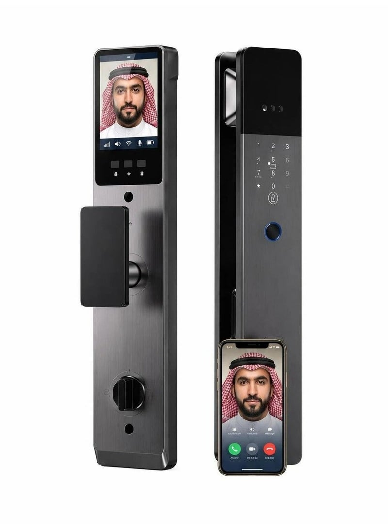 SageLiving Tuya WiFi Smart Door Lock 3D Face Palm Vein Fingerprint, 4.5" Screen Video Intercom Camera, CNC Aluminum 8-in-1 Keyless Digital Lock, Anti-Theft Alarm Type-C Emergency Charge, 6068 Mortise for Home Doors, Gray - Image 1
